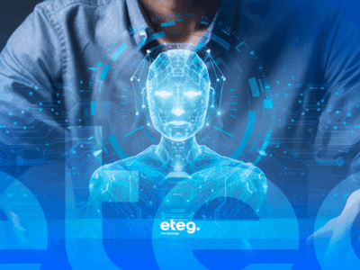 logo eteg e homem de frente a um avatar de IA. Calculo de ROI